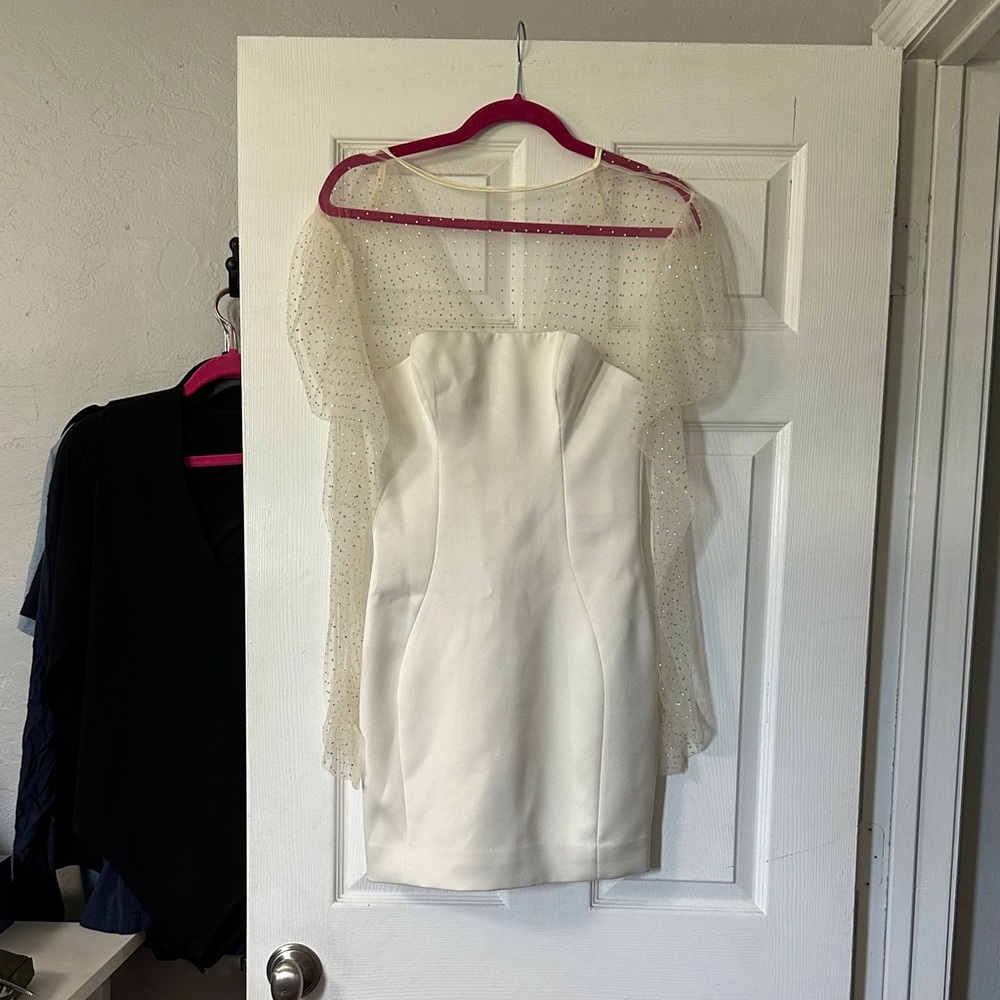 House of CB Strapless White Dress with Sheer Sleeves